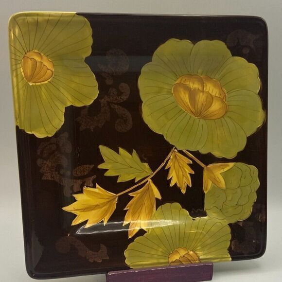 Laurie Gates Camilla Salad Plate (s)‎ Square Dk Brown Green Flowers - Picture 1 of 2